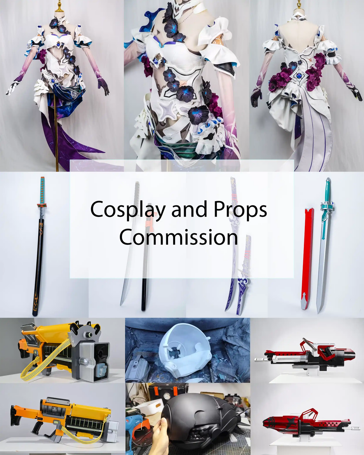 A collage showing multiple cosplay outfits, weapons, and prop items displayed on mannequins or stands, with a large central text panel reading 'Cosplay and Props Commission.' This is not a clean single-product shot, not a person-centered lifestyle image, and not a measurement chart, color swatch, or instruction diagram.
