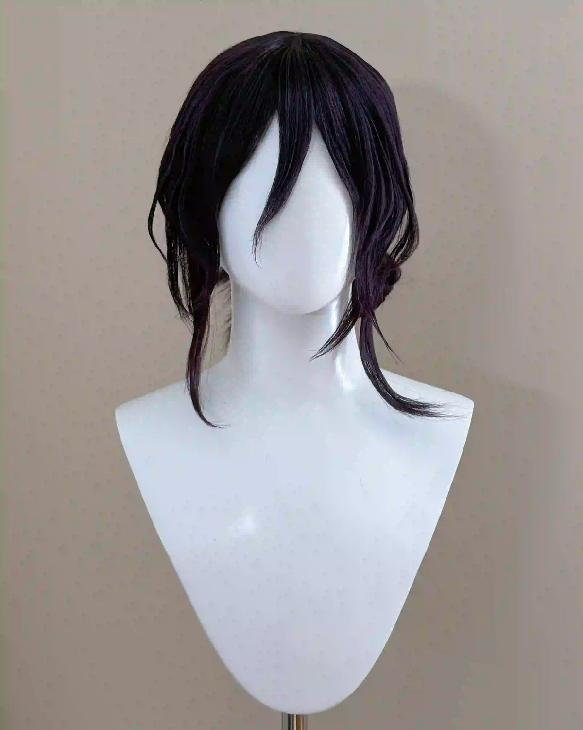 Front view of the dark purple Reze Chainsaw Man wig with long face-framing bangs