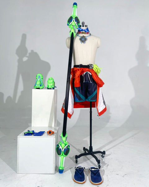 Wuyang Overwatch cosplay costume and props with shoes and a tall green staff by Cakycos