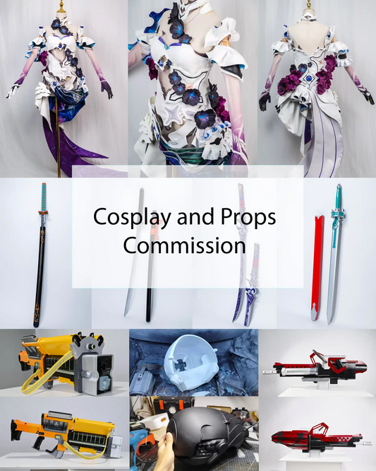 A collage showing multiple cosplay outfits, weapons, and prop items displayed on mannequins or stands, with a large central text panel reading 'Cosplay and Props Commission.' This is not a clean single-product shot, not a person-centered lifestyle image, and not a measurement chart, color swatch, or instruction diagram.