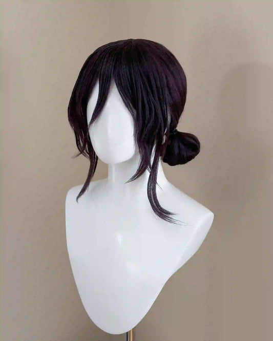 Angled view of a Reze Chainsaw Man cosplay wig with dark purple hair, long bangs and a low bun