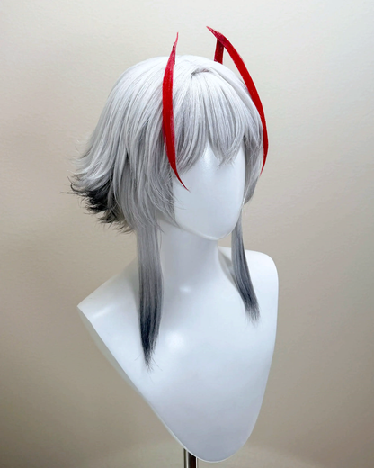 Opposite three-quarter view of the Arknights wig showing long side strands and dark-tipped layers